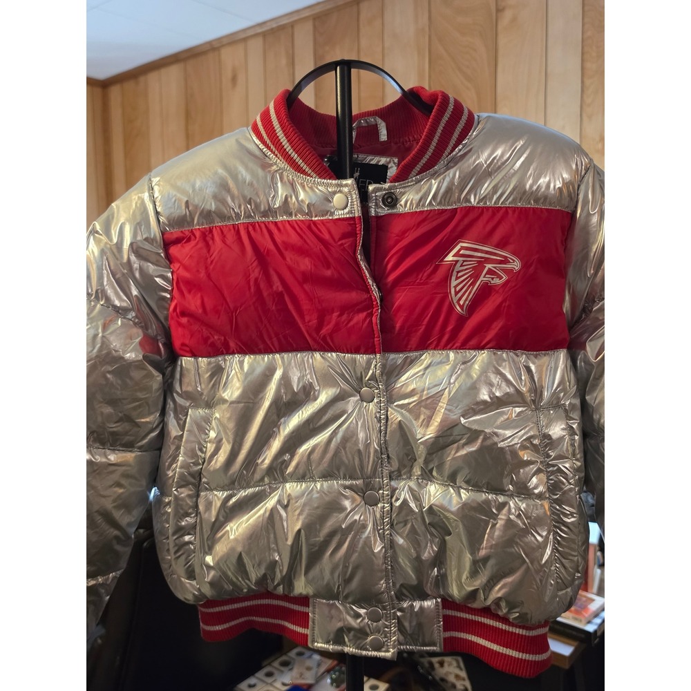 G 4Her NFL Atlanta Falcons Metallic Silver Red Puffer Jacket Womens Small NWT